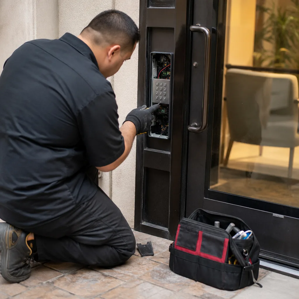 A locksmith installing an access control system on a commercial door.