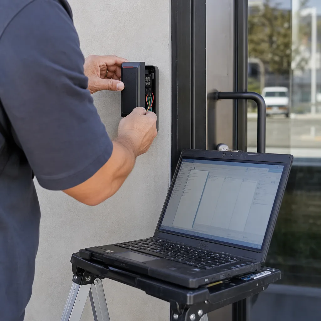 Locksmith technician installing and configuring an electronic access control security system