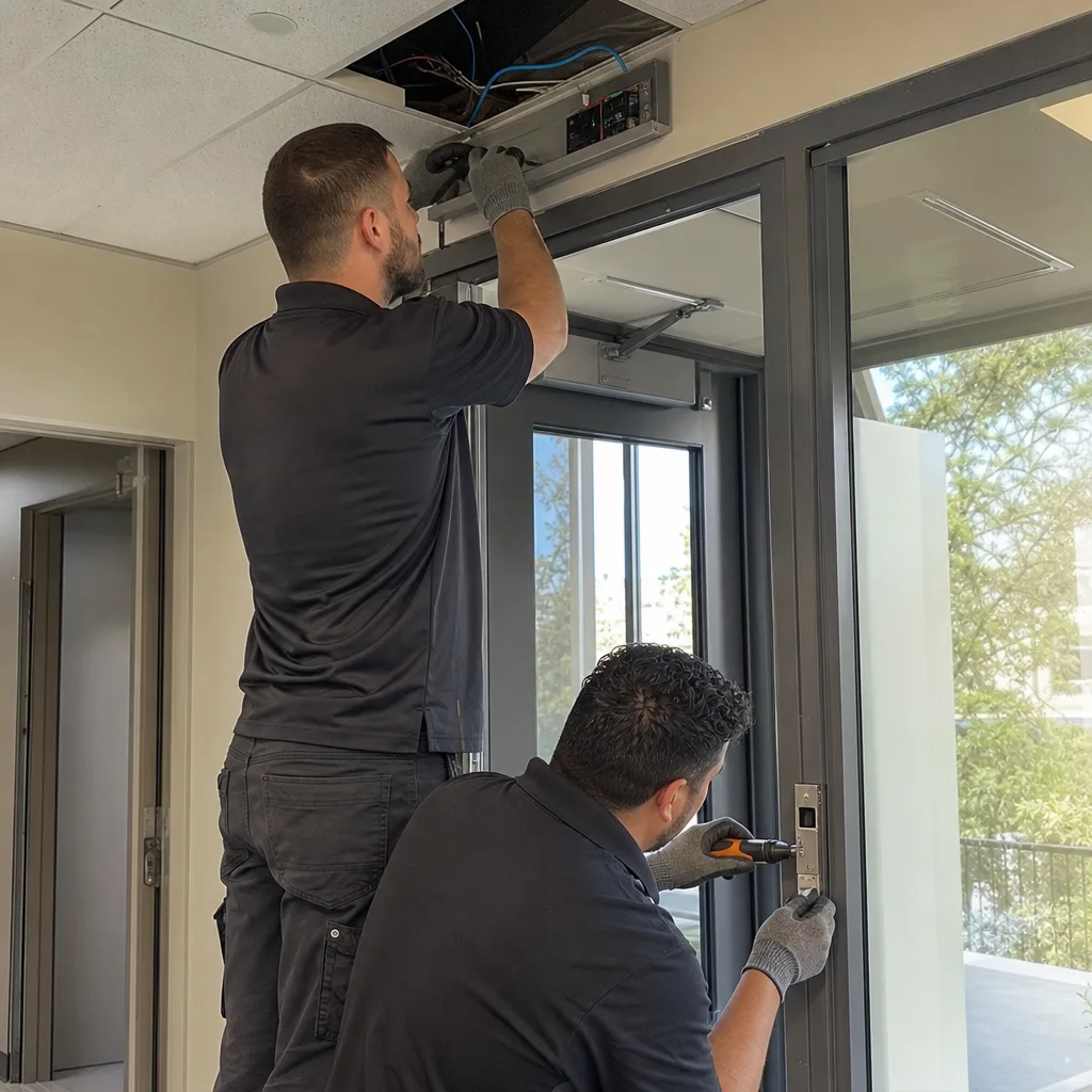 Two technicians installing a commercial electronic access control system on a door.